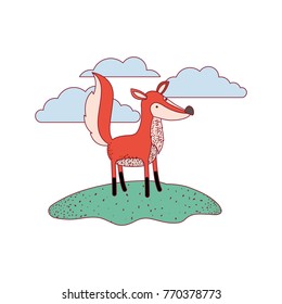 fox cartoon in outdoor scene with clouds on colorful silhouette with thin contour