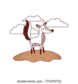 fox cartoon in outdoor scene with clouds in color sections silhouette