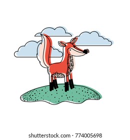 fox cartoon in outdoor scene with clouds in watercolor silhouette