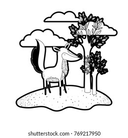 fox cartoon in outdoor scene with trees and clouds in black silhouette with thick contour