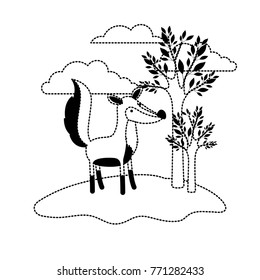 fox cartoon in outdoor scene with trees and clouds in black dotted silhouette