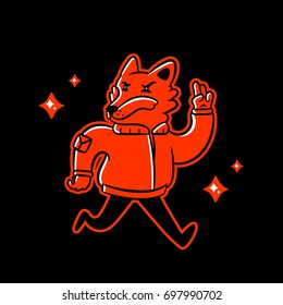 Fox. Cartoon running orange fox in a orange jacket on black background isolated. Stock Vector Illustration.