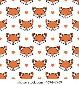 Fox Cartoon Seamless Pattern with Hearts