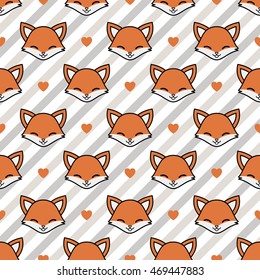 Fox Cartoon Seamless Pattern with Hearts