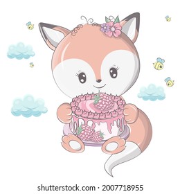 Fox in cartoon style isolated on white background. The images are made for children's products, as well as perfect for children's parties. The animal illustration smiles sweetly and has beautiful eyes