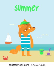 Fox in cartoon style on hot sunny summer day background.There's a crab and a bucket on the beach and a sailing boat on the sea. Colorful cartoon vector illustration. 