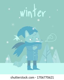 Fox in cartoon style on snowy winter day background. The air is frosty and snow falls in the snow-covered forest. Colorful cartoon vector illustration.