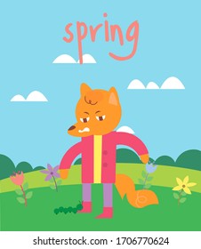 Fox in cartoon style on spring day background. Beautiful spring flowers in the field. Colorful cartoon vector illustration.