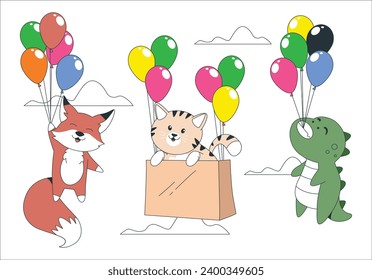 Fox and cat and Alligator flying on a balloon. dog, cat, rabbit floating or flying with air balloon with sky and clouds background. Fantastic surreal fantasy. Freedom concept. Imagination. 2509