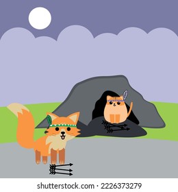 Fox and Cat  in American Indian Outfit Illustration 