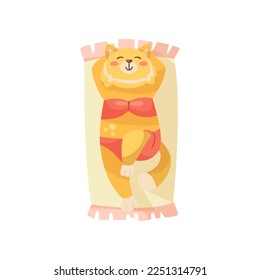 Fox or cat cartoon character sunbathing vector illustration. Summer resort, funny comic animal in sunglasses relaxing on beach towel on white background. Wildlife, vacation concept
