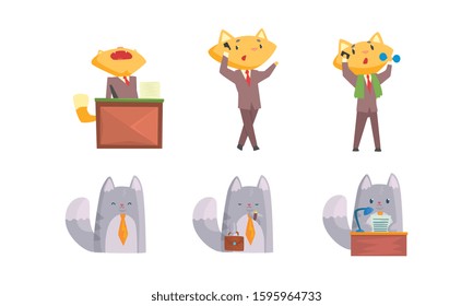 Fox and Cat Characters Doing Business Vector Illustrations Set