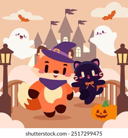 Fox and Cat in Halloween Costumes.  Castle Adventure with Ghosts. Kawaii Fox and Cat at Haunted Castle. Cute Halloween Scene.