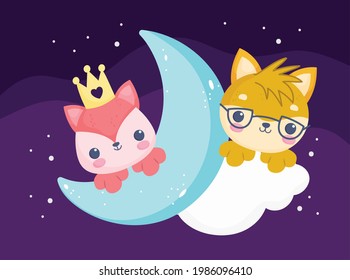 fox cat moon cloud cartoon cute