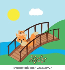 Fox and Cat on a Bridge Illustration