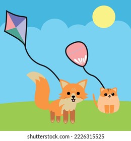 Fox and Cat Playing with a Kite Illustration 