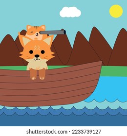 Fox and Cat Travelling on a Boat Illustration