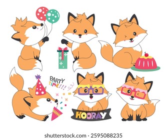 Fox character birthday clipart drawing set. Orange fox with birthday party elements clip art in happy and adorable smile in doodle sketch flat outline 2d icon collection in white background vector