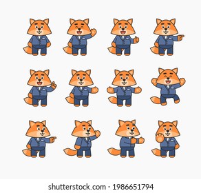 Fox character in business suit showing various hand gestures. Cute fox pointing, greeting, celebrating, showing stop hand, thumb up and other gestures. Vector illustration bundle