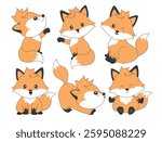 Fox character clipart drawing set. Orange cute fox character clip art flat outline 2d icon collection in happy, cheerful, playful, friendly and clever pose in white background vector illustration.