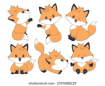 Fox character clipart drawing set. Orange cute fox character clip art flat outline 2d icon collection in happy, cheerful, playful, friendly and clever pose in white background vector illustration.