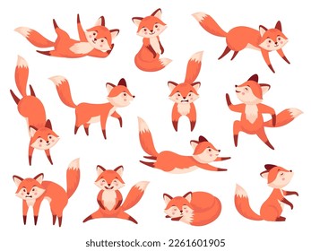 Carácter Fox. Cuta caricatura sobre los mamíferos rojos de la vida salvaje en diferentes poses y acciones, animales de piel de los bosques naranjas emociones graciosas en la cara. Conjunto de vectores planos de carácter salvaje e ilustración amigable