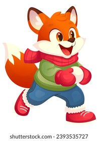 Fox character design playing snowballs. Winter games, sports, recreation. Animal fox, cartoon style
