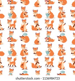 Fox character doing different activities funny happy nature red foxy cute adorable tail and wildlife orange forest animal seamless pattern background vector illustration.