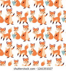 Fox character doing different activities funny happy nature red foxy cute adorable tail and wildlife orange forest animal seamless pattern background vector illustration.
