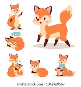 Fox character doing different foxy activities funny happy nature red tail and wildlife orange forest animal style graphic vector illustration.