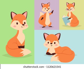 Fox character doing different foxy activities funny happy nature red tail and wildlife orange forest animal style graphic vector illustration.