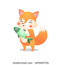 Fox character with fish. Raster illustration in flat cartoon style on white background