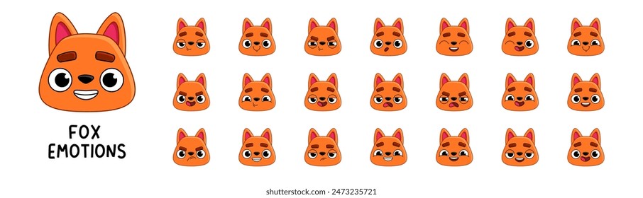 Fox character head set. Mascot stickers with different emotions. Vector cute character animal, pet