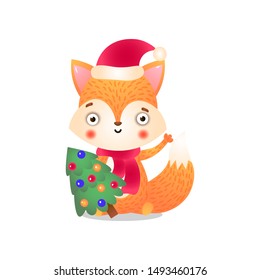 Fox character sitting with Christmas tree. Raster illustration in flat cartoon style on white background