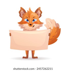 Fox character stands with empty sign. Anthropomorphic character. Vector illustration.