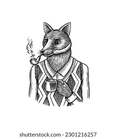 Caracter de Fox con traje. Hombre de moda en un chaleco con una pipa humeante y una taza de café. Ropa retro animal. Estilo de grabado vintage. Esbozo dibujado a mano para tipografía, avatar de logotipo o tatuaje 