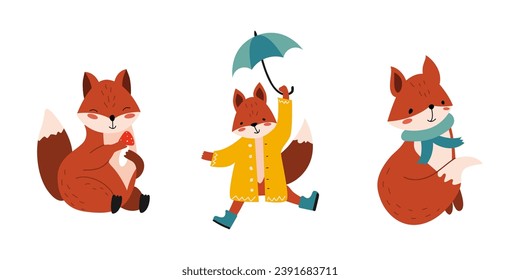 Fox character in various poses. Vector children's set. Cute fox. Cartoon style. White isolated background.