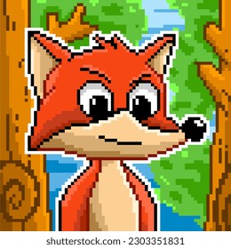 fox character vector pixel art. fox in the forest. fox and forest pixel background
