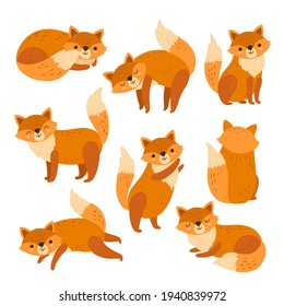 Fox characters. Cute cartoon red foxes, funny animal running standing or sitting. Isolated forest wildlife, foxy with orange tail exact vector set