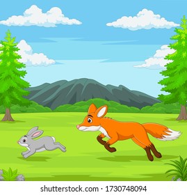 The fox is chasing a rabbit in an African savanna