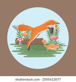 Fox chasing Squirrel Animal Couple Flat Vector Colorful with Nature Background Elements