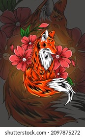 Fox with cherry blossom vector illustration
