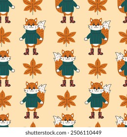 Fox and Chestnut Leaf Fall Seamless Pattern. Cozy Autumn Background with Forest Wildlife Animal Character in Knitted Sweater and Boots. Childish vector Illustration