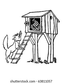 Fox At The Chicken Coop - Retro Clipart Illustration