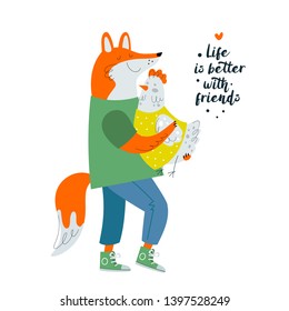 Fox and chicken. Friendship, friends. Cute animals character illustration. Scandinavian illustration. Flat Illustration for kids game, book, t-shirt, card, print, poster, decoration and textile