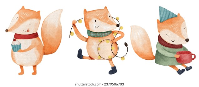 Fox con disfraces de navidad. Personajes de dibujos animados de color acuarela . Aislado. Juego 2 de 7 . Vector.