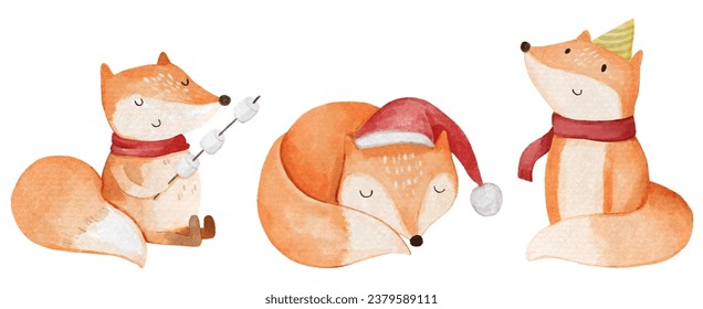 Fox with christmas costume . Watercolor paint cartoon characters . Isolated . Set 3 of 7 . Vector .