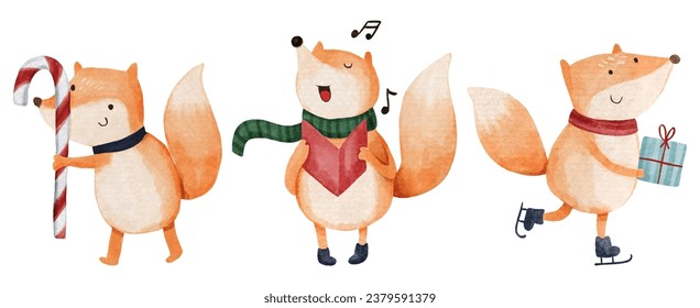 Fox con disfraces de navidad. Personajes de dibujos animados de color acuarela . Aislado. Juego 4 de 7 . Vector.