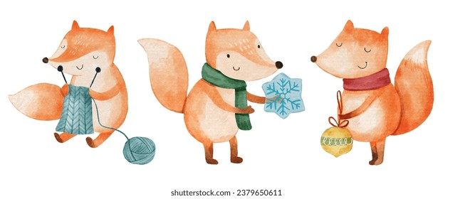 Fox with christmas costume . Watercolor paint cartoon characters . Isolated . Set 5 of 7 . Vector .