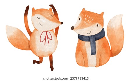 Fox with christmas costume . Watercolor paint cartoon characters . Isolated . Set 7 of 7 . Vector .